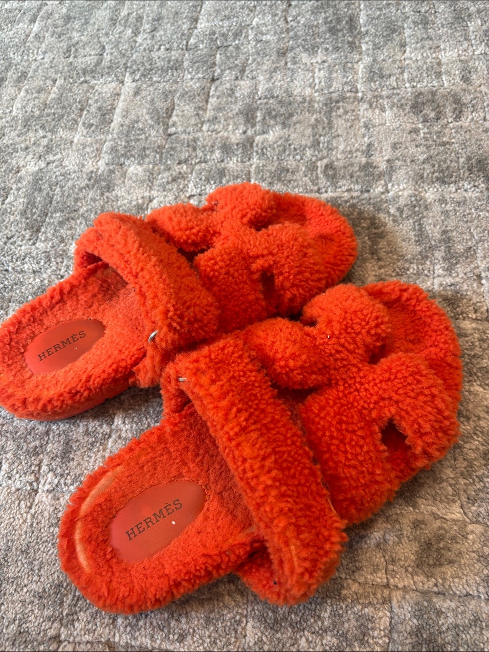Hermès Bright Orange Shearling H Slide Slides